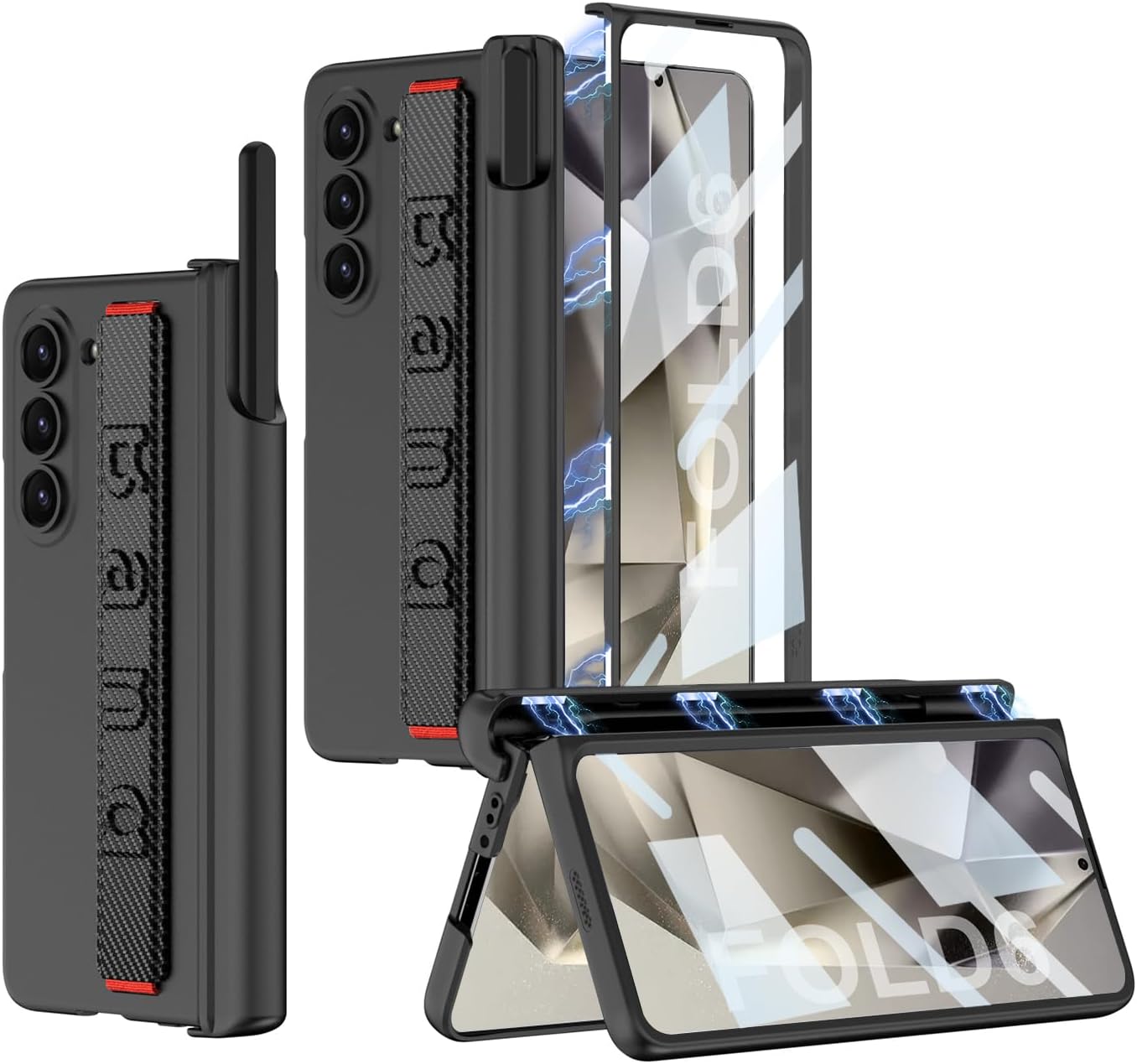 Magnetic Hinge Pen-Box Phone Case for Samsung Galaxy Z Fold 6, Folding Shell with Wristband for Z Fold6, Protective Cover with Tempered Glass Film (Carbon Grain,for Fold 6)