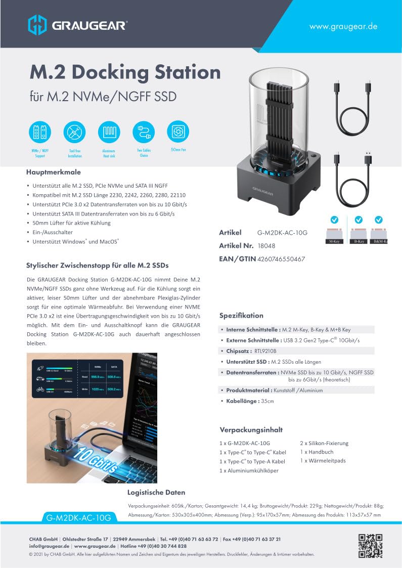 GRAUGEAR Estación Acoplamiento SSD M.2, USB 3.2 Gen2 10Gbps, Ventilador 50mm, RTL9201B Compatible NVMe y NGFF, Incluye Cables USB-C y A-C