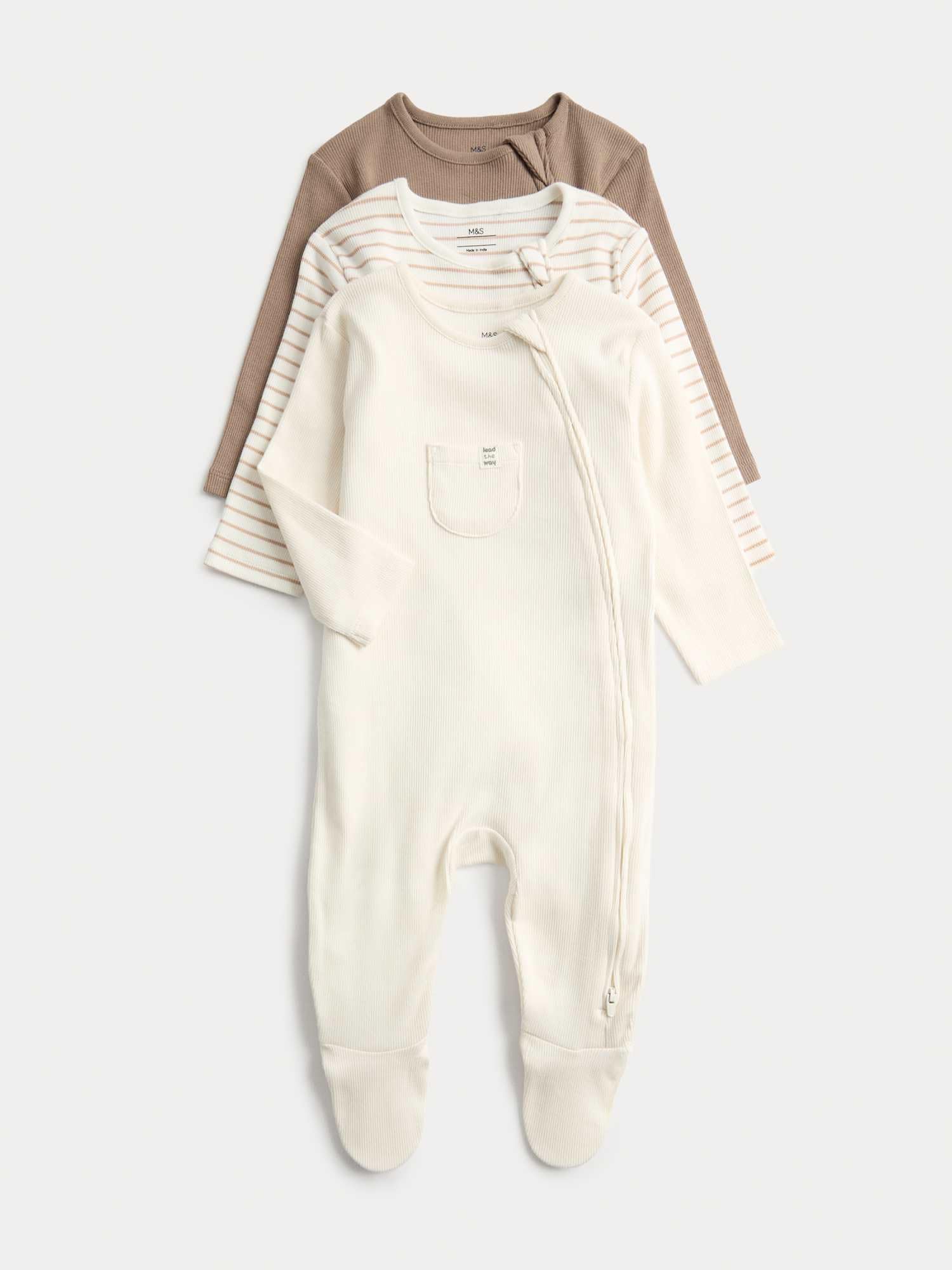 Marks & Spencer Bambino a Coste Sleepsuits 3-Pack Ricco di Cotone – Unisex per Bambini e Ragazze – con Stretch