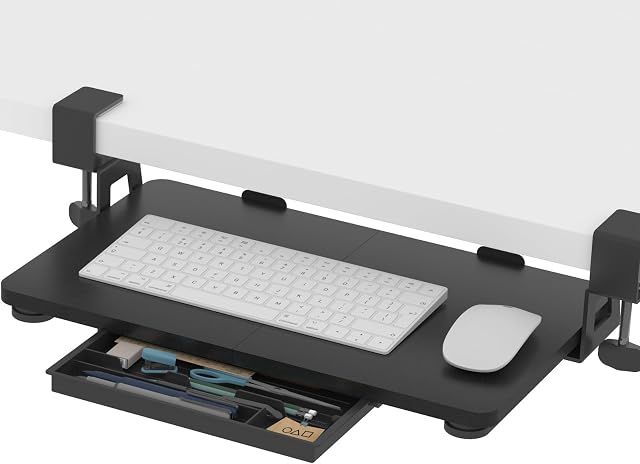 ETHU Petit plateau de clavier sous le bureau 19.7" X 11.81" Petit tiroir de clavier de taille avec montage à pince C Facile à installer, Tirer le support de clavier d'ordinateur coulissant (noir)