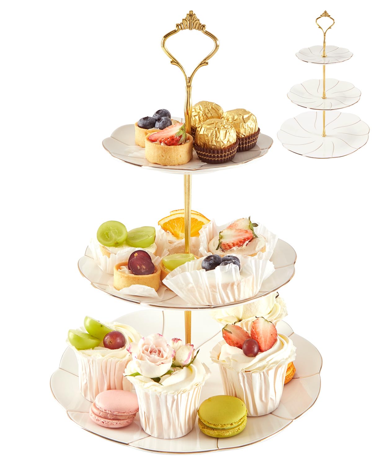 DUJUST Luxury Porcelain 3-Tier Cupcake Stand Tower, British Style Serving Tray with Golden Trim, Food Grade Dessert Display Stand, Beautiful Gift for Tea Party & Home Décor