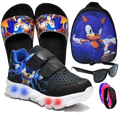 Tenis De Led Masculino Sonic Calce Facil Infantil Meninos Original + Mochila Chinelo Pala e Brindes