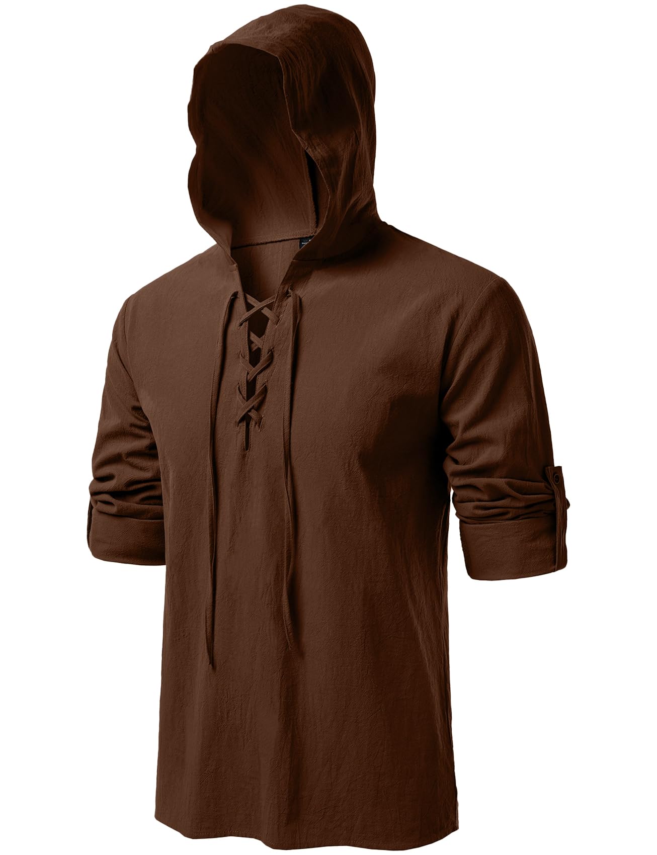 JEMITOP Men's Retro Style Renaissance Costume Roll Up Long Sleeve Lace Up Hooded Shirts for Pirate Viking Medieval Halloween Cosplay Clothing Dark Brown S