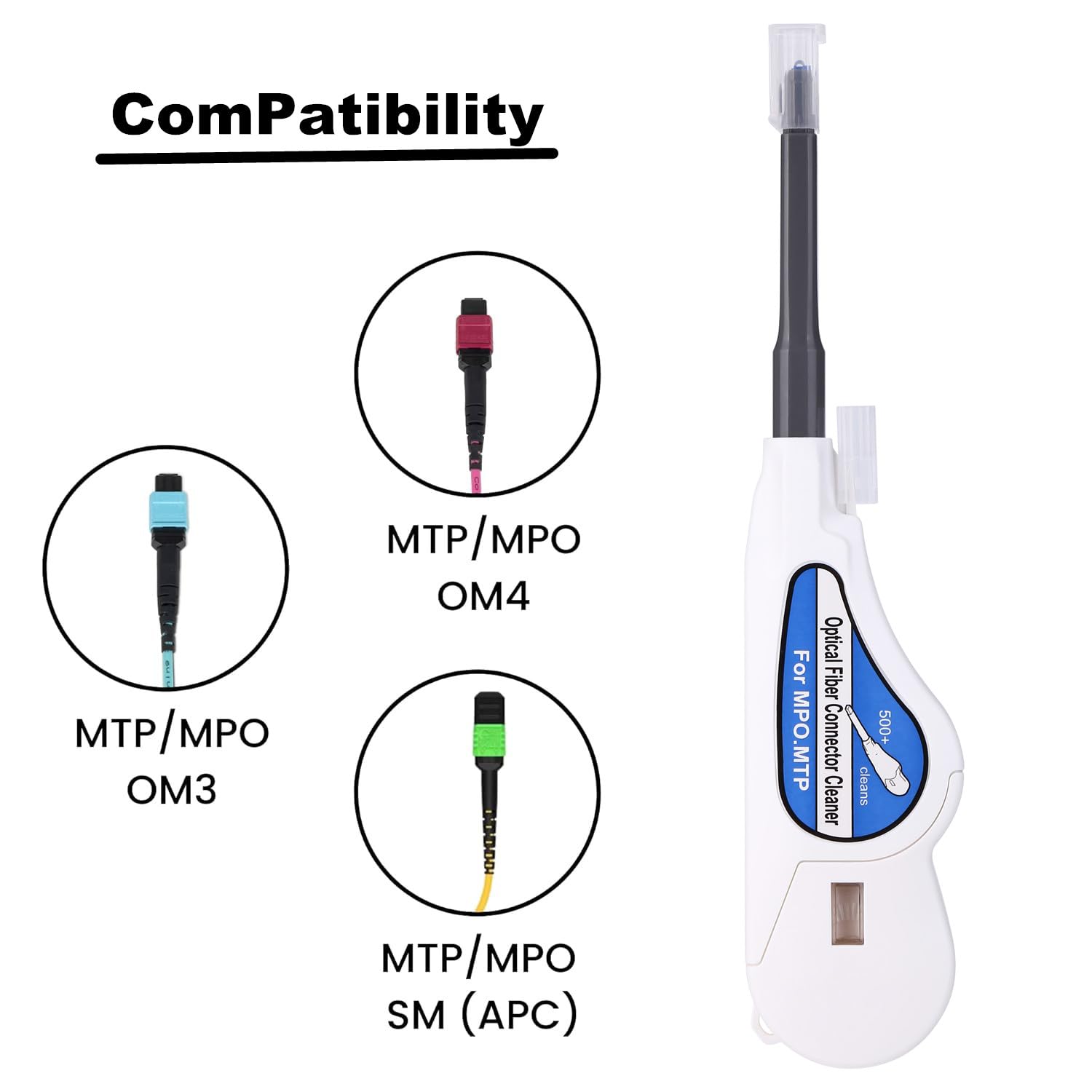 Limpiador de fibra óptica para conector MTP/MPO, limpiador de conectores ópticos de más de 500 limpias, limpia la cara final de fibra y limpia el conector óptico (blanco)