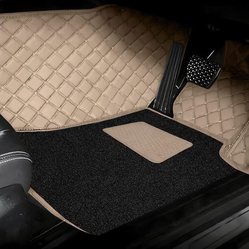 Image of 7D Car Foot Mat for Nissan TEKTON - 5 Seater | Beige with Black | Premium Leatherette | Imparts Luxurious & Elegant Look | 100% Waterproof and Dust Proof | Custom Fitted Car Floor Tray Mat
