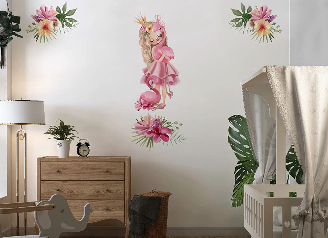 Tatuaż ścienny księżniczka z flamingiem - kwiaty korona kwiatowa obrazy dziecięce pokój dziecięcy dziewczynka naklejka na ścianę Osomhome (190 x 180 cm) os6631