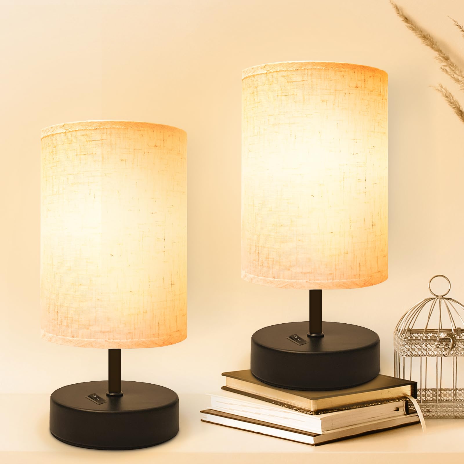 DEGNJU Small Table Lamp, Minimalist with Flaxen Shade, 9 Inch Design for Bedroom &amp; Dorm Room, 2 Pack