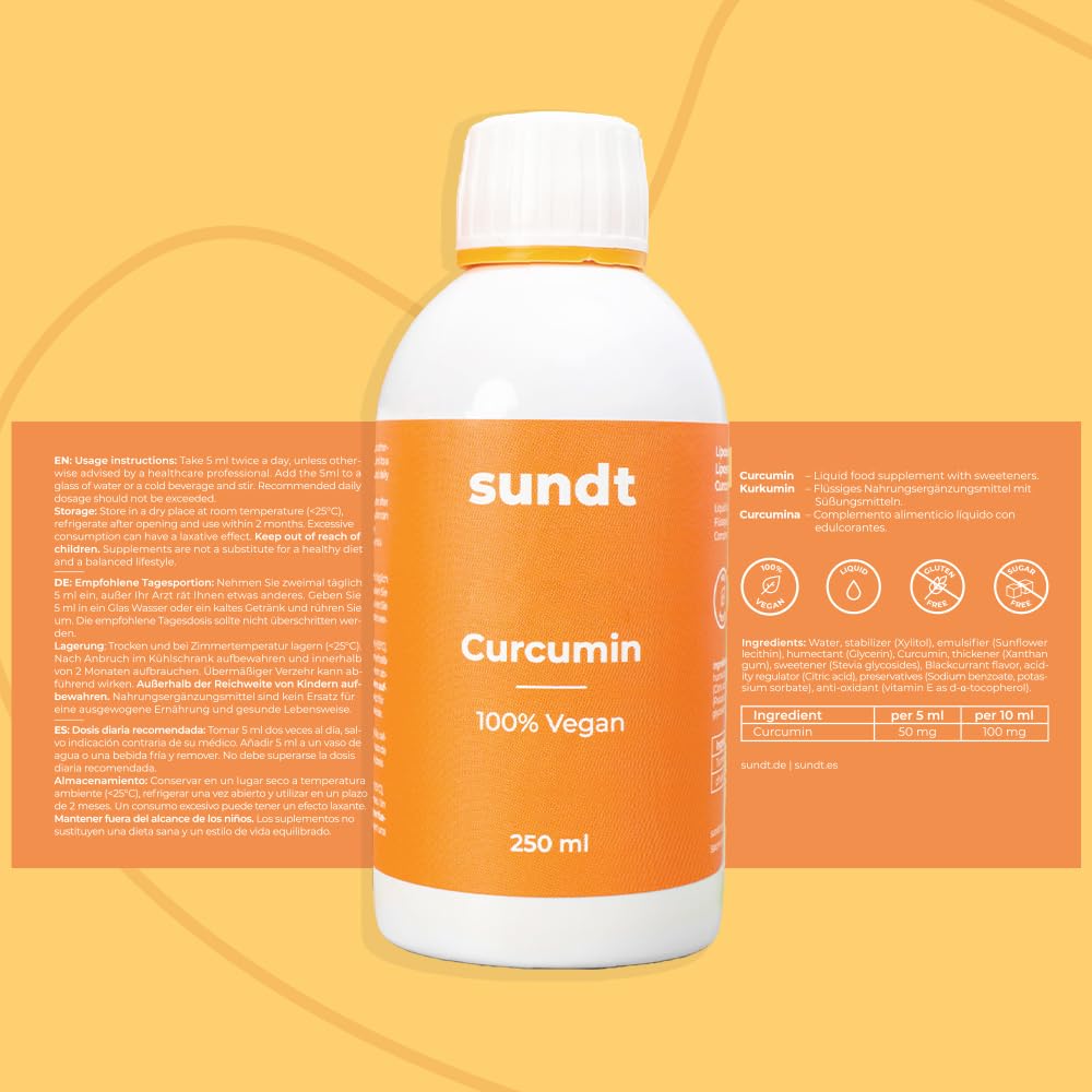 Curcumine liposomale liquide, au pouvoir antioxydant naturel contre le risque d’inflammation – Flacon de 250 ml – 50 jours – Végan et sans OGM – Fabriqué en UE – Sundt Nutrition Supplément alimentaire