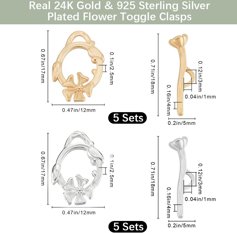 Beebeecraft 10Pcs 2 Colors Toggle Clasps for Bracelets 24K Gold & Sterling Silver Plated Brass Flower Floral OT T Bar Clasps Link Connectors Round Ring for Jewelry Making Necklace DIY Crafts - Image 2