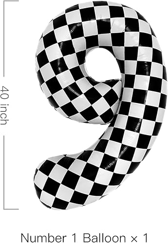 Miniatura 2 de Globo grande de 40 pulgadas a cuadros número 9 en negro y blanco para suministros de fiesta de cumpleaños de carretas de autos número 9 Globo a