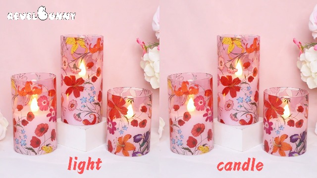 Image of Flameless Candles Glass with Remote Control & Timer Function, Red Multicolor Flower Design LED Candles, Home Party Wedding Christmas Spring Summer Decor, Set of 3