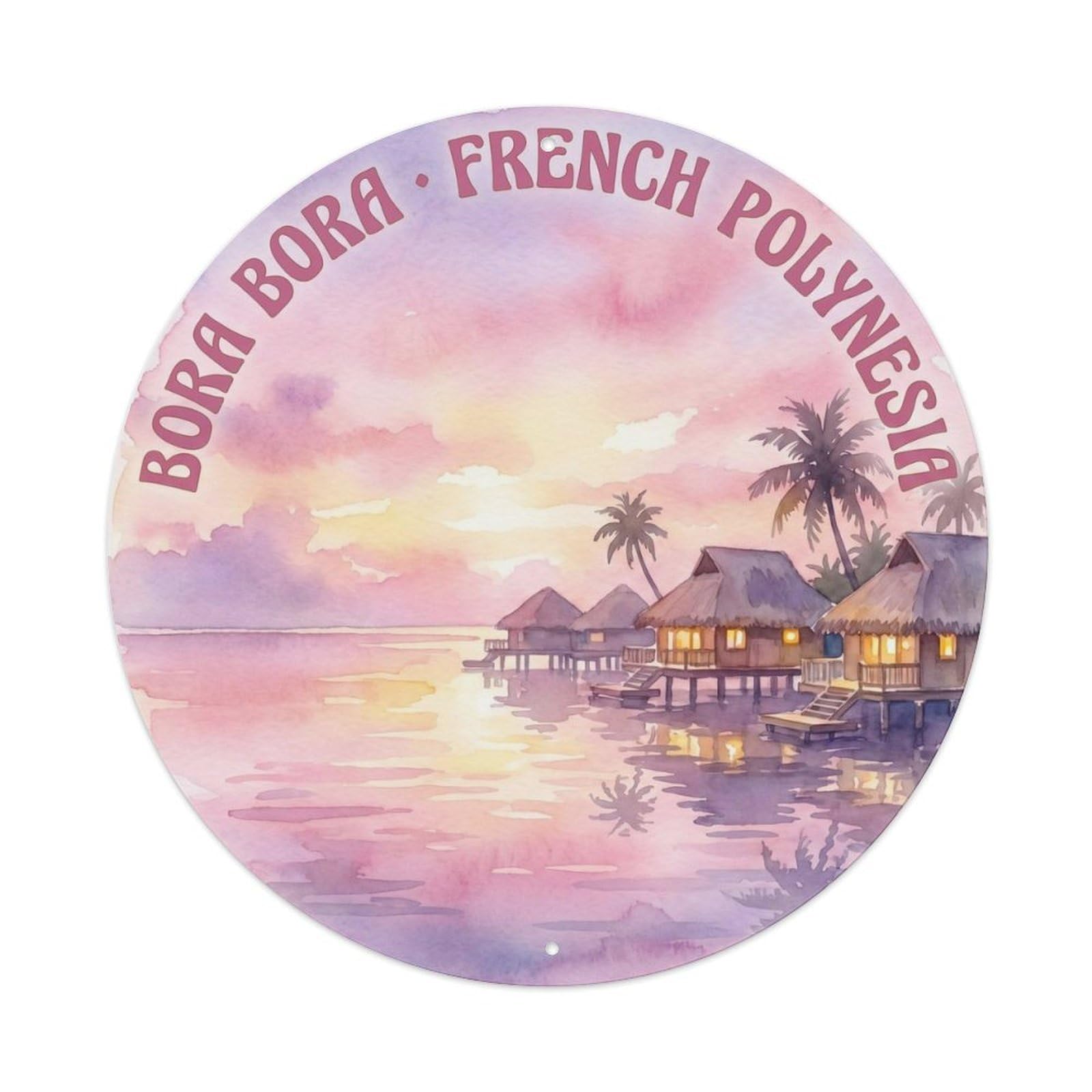 Olyhtr 8X8inch Classic Style Sky Borabora Lagoon Dusk Pink Watercolor Island Metal Tin Sign