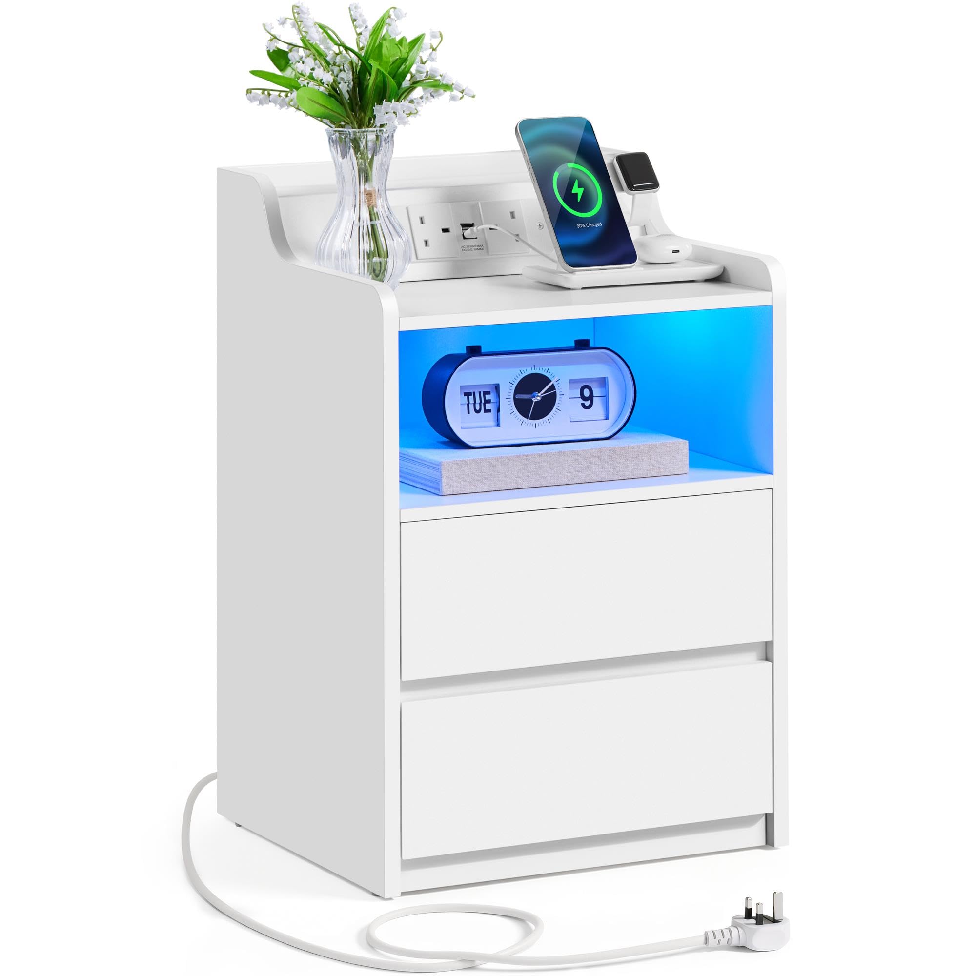 Yaheetech Bedside Table with Charging Station and LED Light, Wooden Sofa Side Table, Nightstand with 2 Storage Drawers and Open Compartment, White