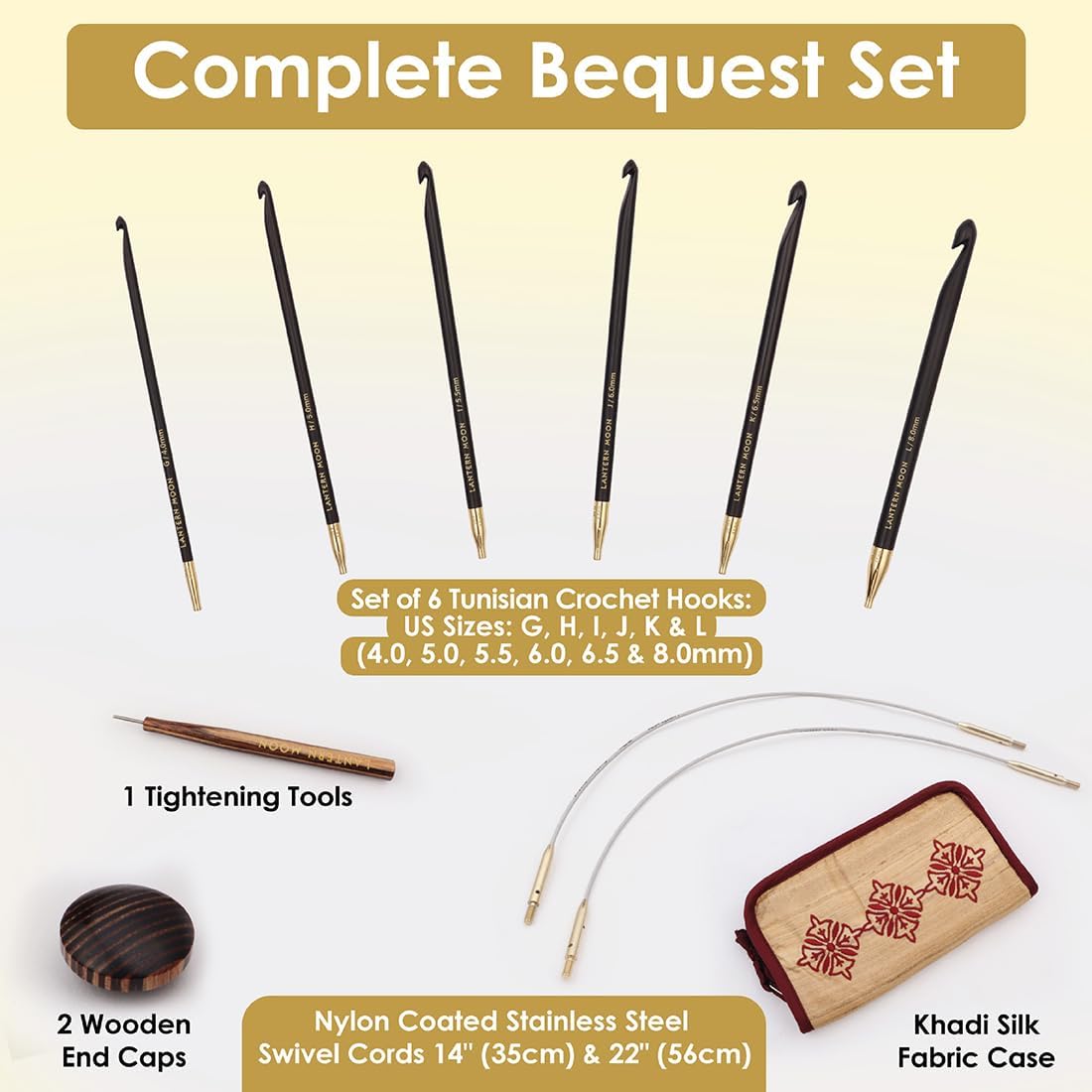 Lantern Moon Bequest Tunisian Crochet Hook Set | 6 US Sizes (G to L)