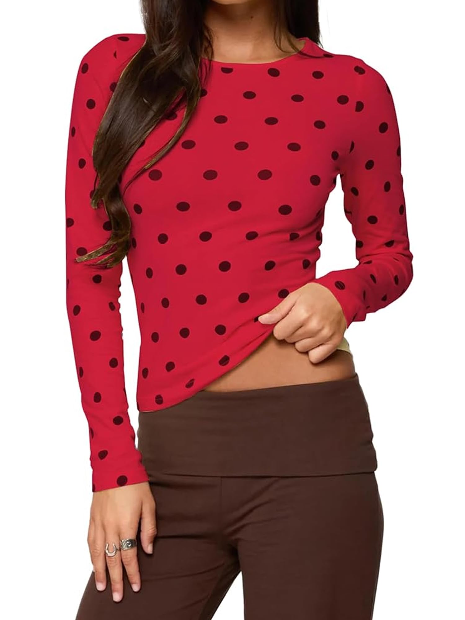 Women's Trendy Polka Dot Top Stretchy Slim Fit Basic Long Sleeve T Shirt Casual Going Out Crop Tops Streetwear (A-Red, L)