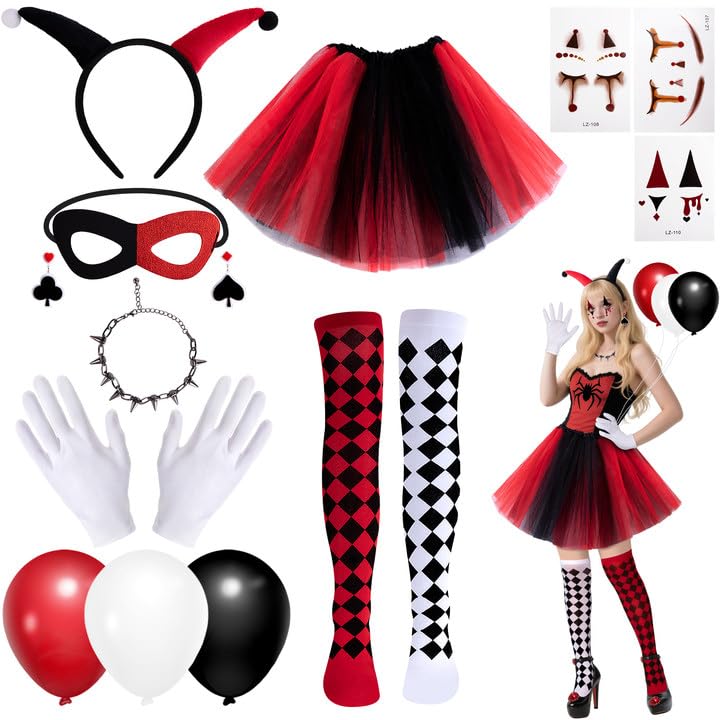 13 Pcs Women Halloween Clown Costume Set - Jester Costume- Clown Outfit Accessories for Halloween Carnival Cosplay Party - Skirt Socks Headband Gloves Eye Mask Facepaint Necklaces Earrings