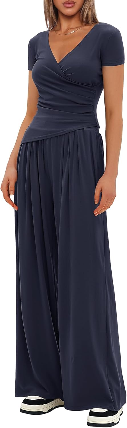 Darong Women's 2 Piece Lounge Fall Outfits Sets Warp V Neck Short/Long Sleeve Shirts and Wide Leg Pants Casual Matching Sets - Image 2