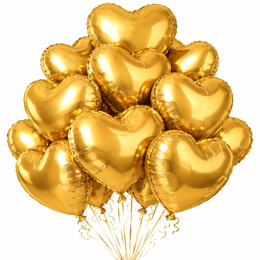 Gold Heart Shape Foil Mylar Balloons 18 inch for Birthday Party Decorations, Wedding Decor, Engagement Party, Holiday,Baby shower