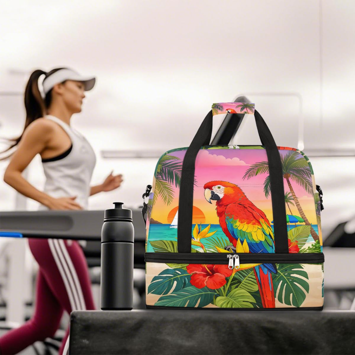 Borsone da viaggio pieghevole con motivo tropicale e ibisco, borsa da palestra espandibile con scomparto per scarpe, grande capacità, borsa da weekender, borsa da viaggio, sport, viaggi notturni