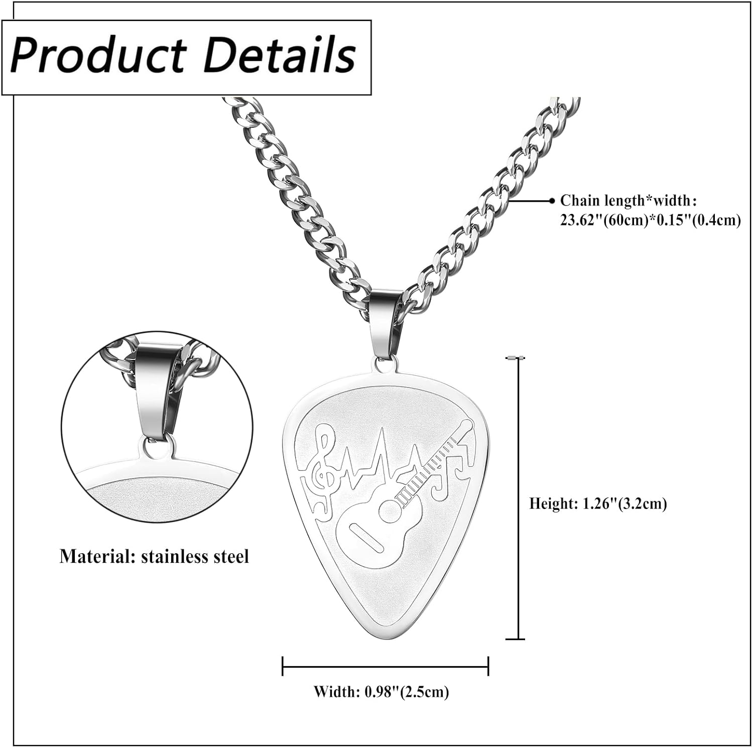 Skull Guitar Pick Necklace for Men: Stainless Steel Punk Rock Musical Pick Holder Pendant Jewelry Gift for Guitar Players - Image 3