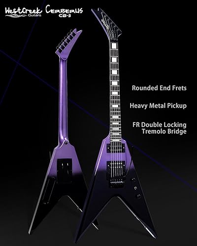 Miniatura 3 de WestCreek CERBERUS - Guitarra eléctrica de cuerpo sólido, guitarra de metal pesado V, diestro, trastes de extremo redondeado, tuerca de hueso,