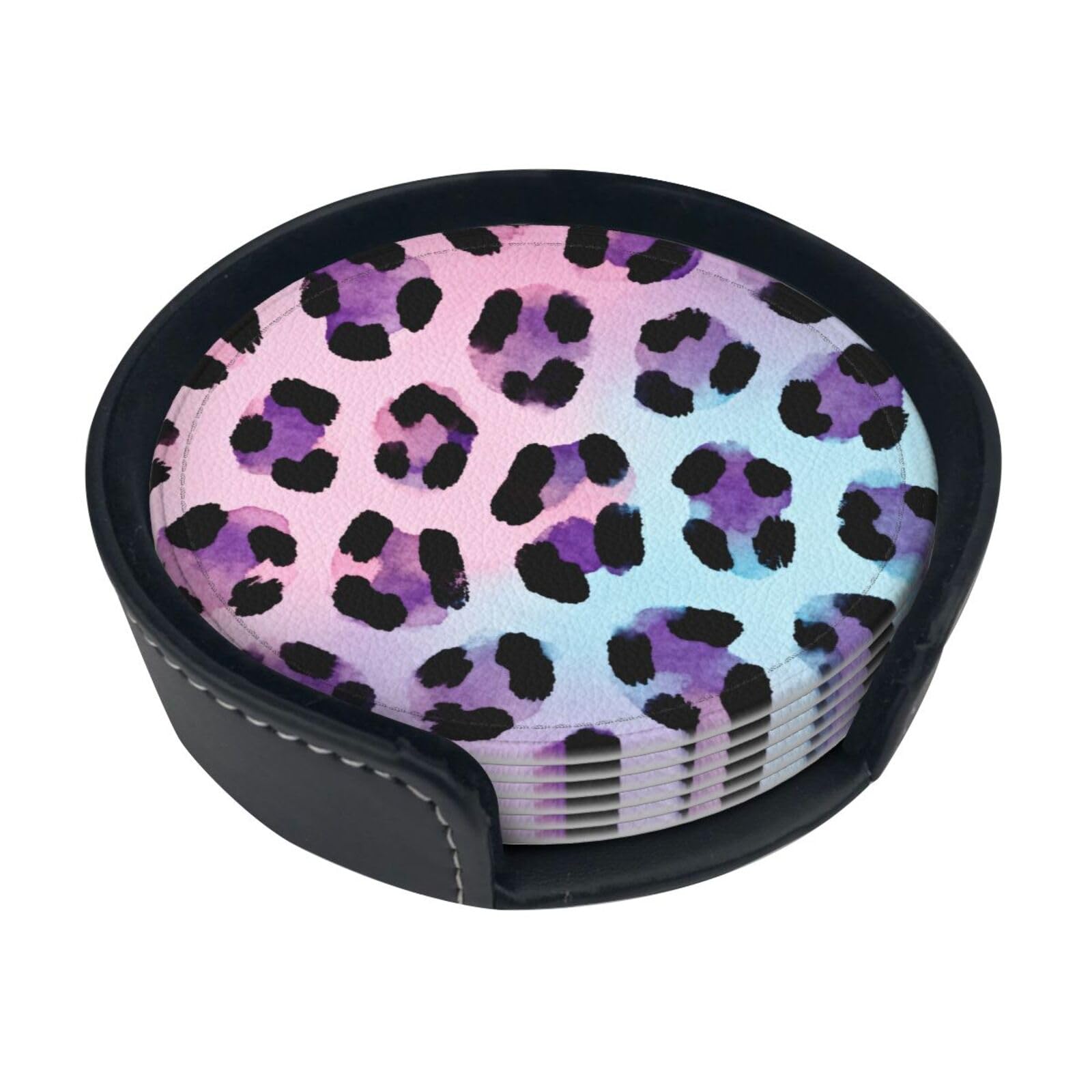 Pastel Leopard Print Leather Coasters-Set of 6 with Storage Holder
