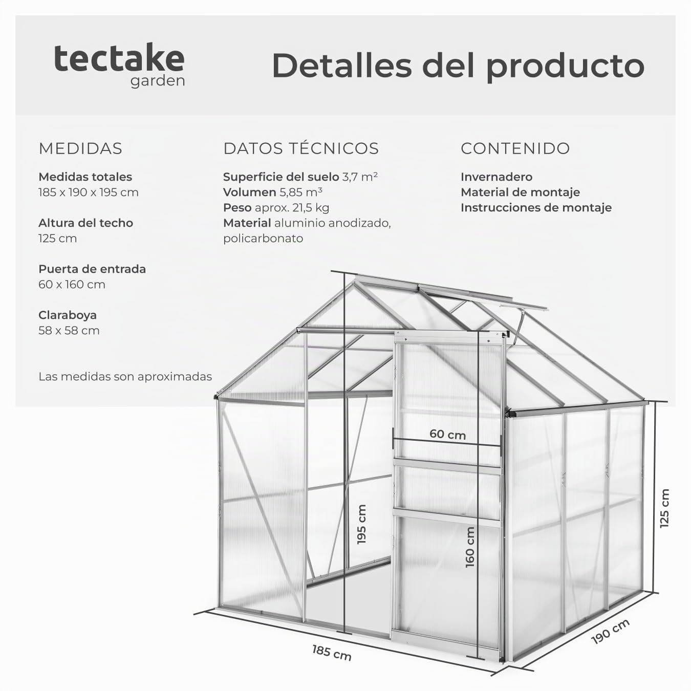 tectake Invernadero de Jardín de Aluminio y Policarbonato, Caseta Jardín Exterior 190x185x195, Vivero Huerto Casero 5,85m³, Invernadero Terraza para Cultivo de Plantas