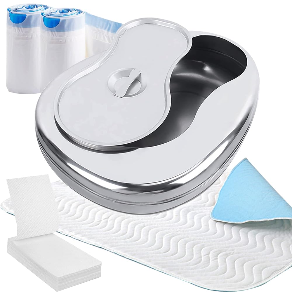 Bed Pan with Washable Reusable Incontinence Bed Pad Stainless Steel Bed Pans for Elderly Females Women Men Bedpan Set with 30 Liners Disposable and Absorbent Pads