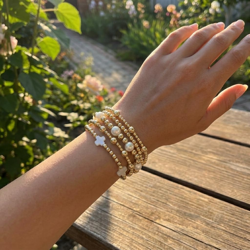 Gold Beaded Bow Heart Paperclip Pearl Stack Bracelet Set for Women, 4Pcs Handmade Golden Beads Pearls Stretch Stackable Bracelets Party Jewelry Accessories Gift image 2