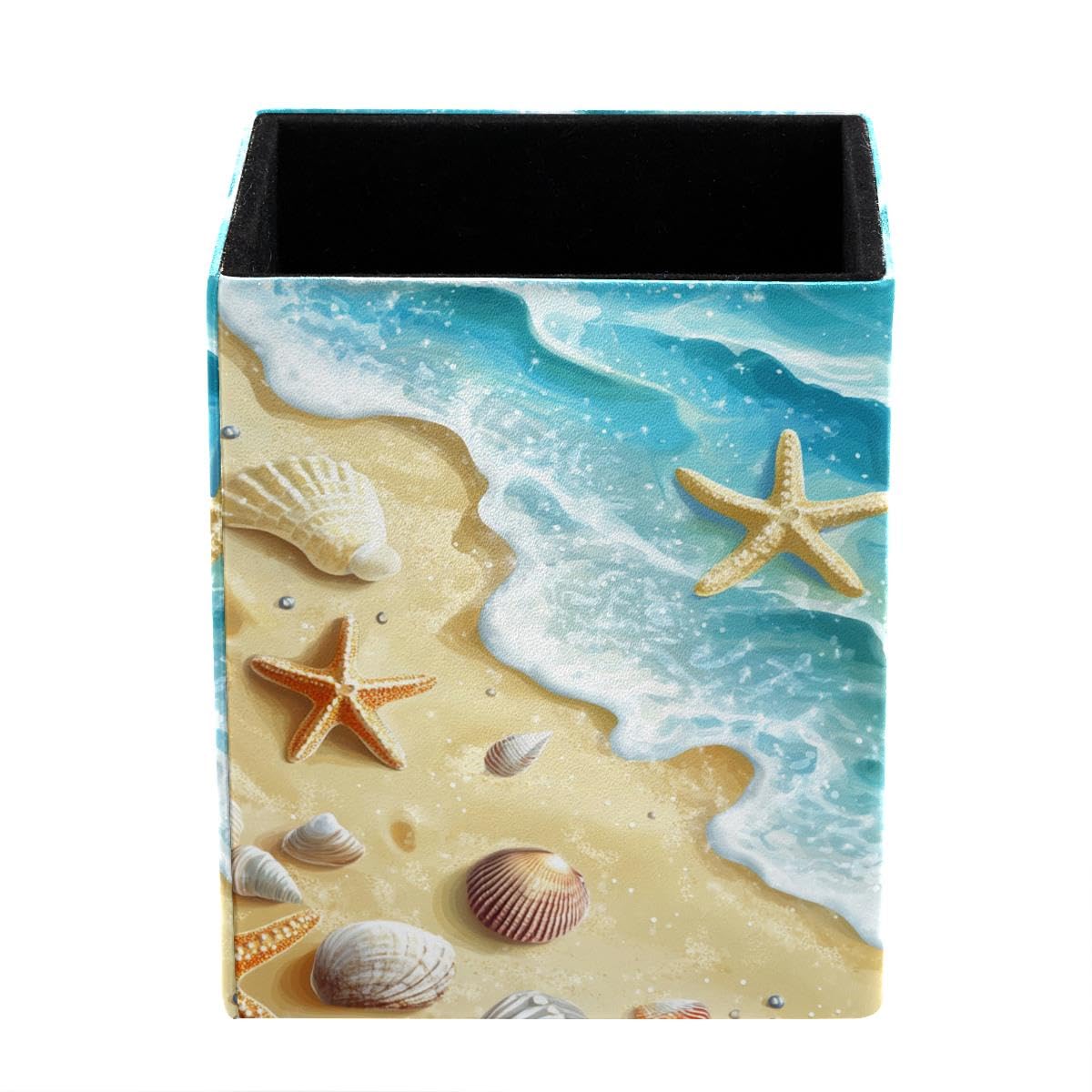 HEOEH Beach Shell Starfish Pen Holder Pen Pot, Square Pencil Cup for Desk