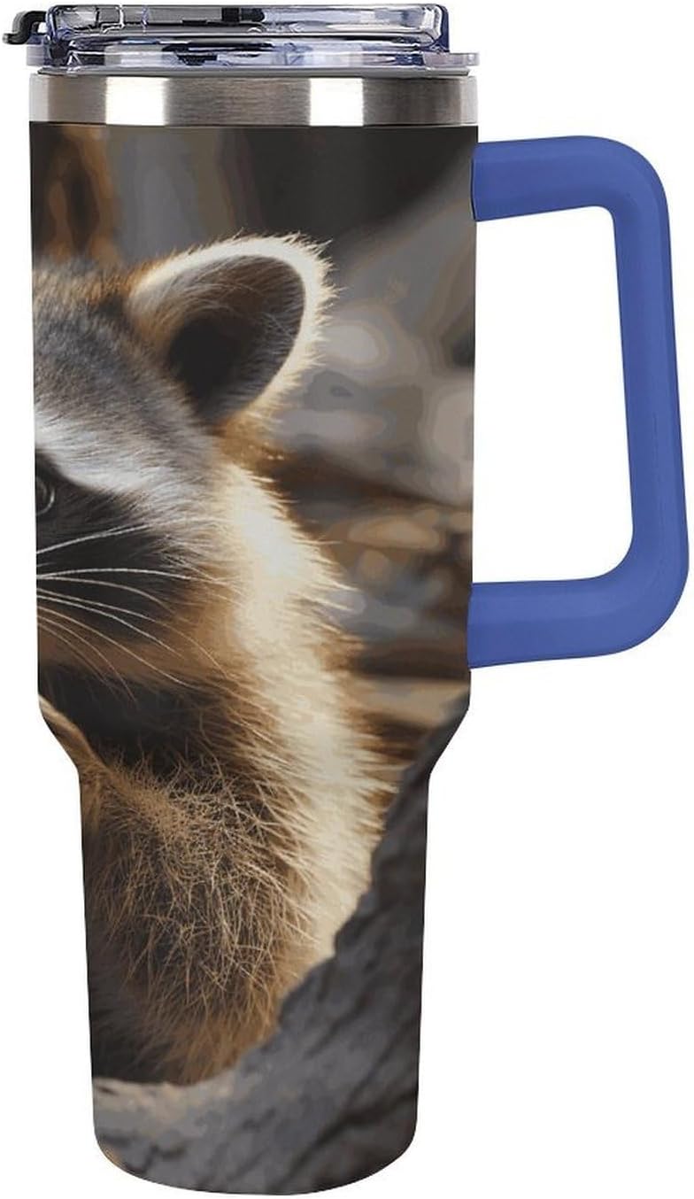 Cute Raccoon Travel Coffee Mug Reusable Durable Stainless Steel Insulated Tumbler with Handle And Straw Leak Resistant Portable Thermal Cup Gifts for Men Women 40 Oz