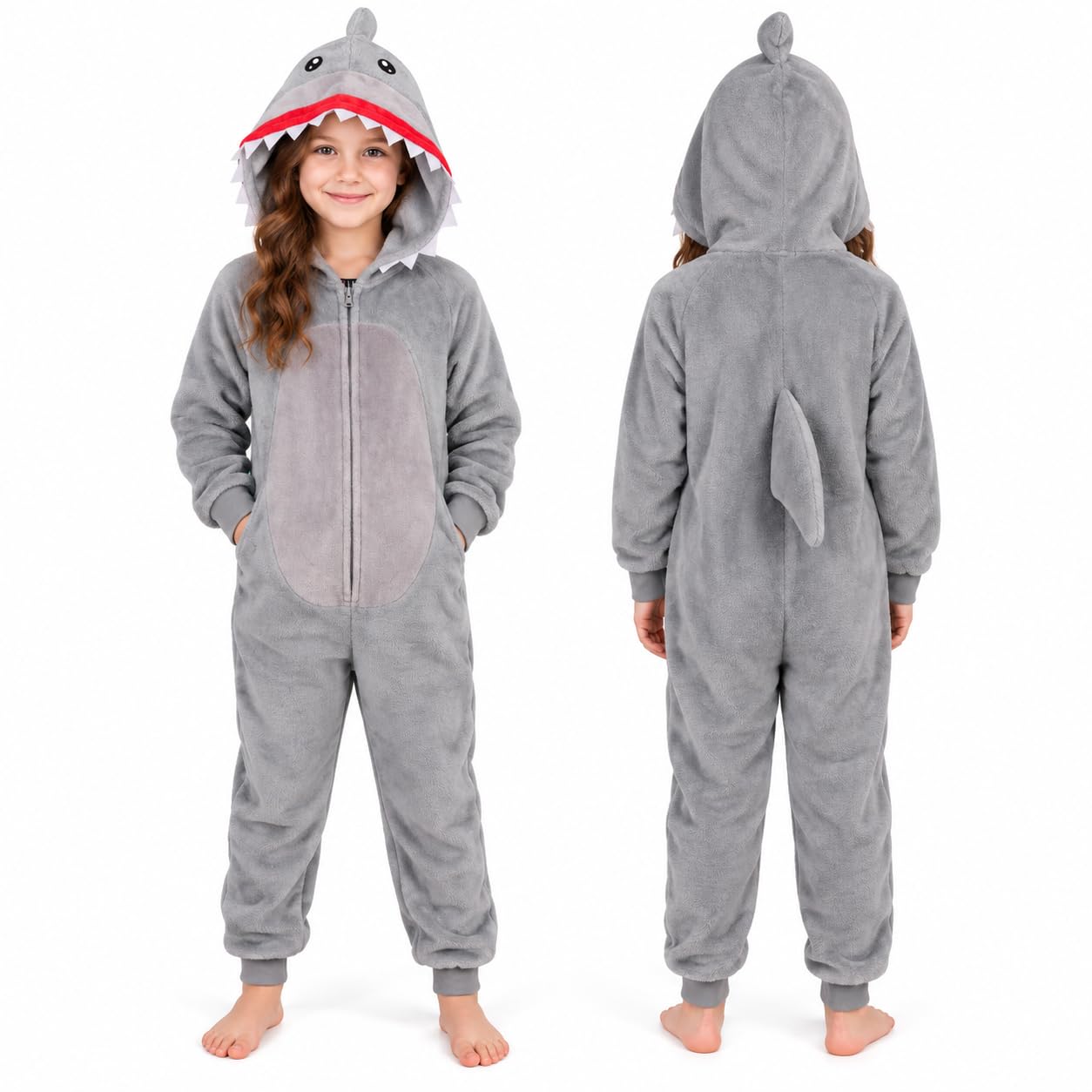 A2Z 4 Kids Mädchen Jungs Shark Kostüm Kinder Tiergesicht Jumpsuits Weicher Plüsch Fleece Playsuit Kinder Mit Kapuze Sleepsuit Kinder One Piece Shark Suit All in One Xmas Shark Pyjama Alter 2-14 Jahre