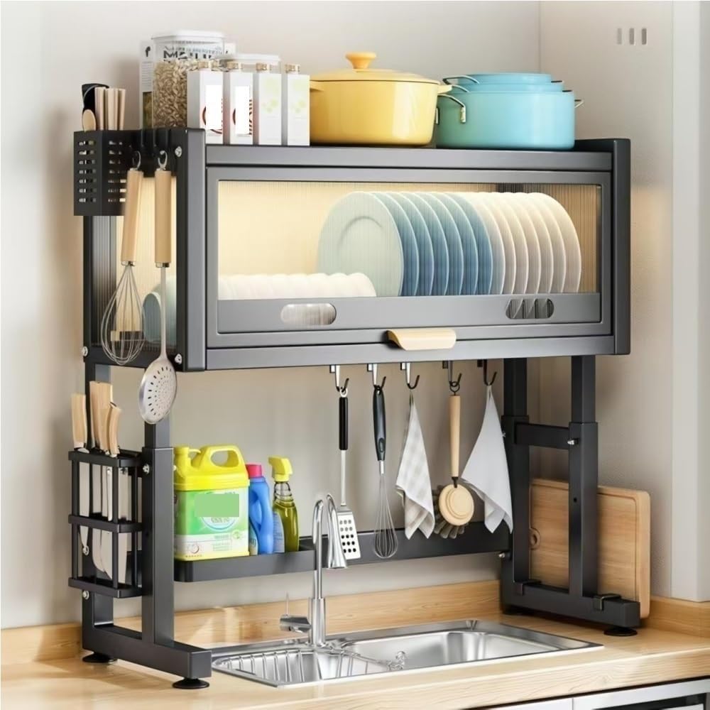 Genérico Escurreplatos sobre el Fregadero con Tapa Que Ahorra Espacio - Elegante escurridor de Platos Negro para Platos, Vasos, Cuencos y Cubiertos - Escurridor de 65 cm para maximizar el almacenamie