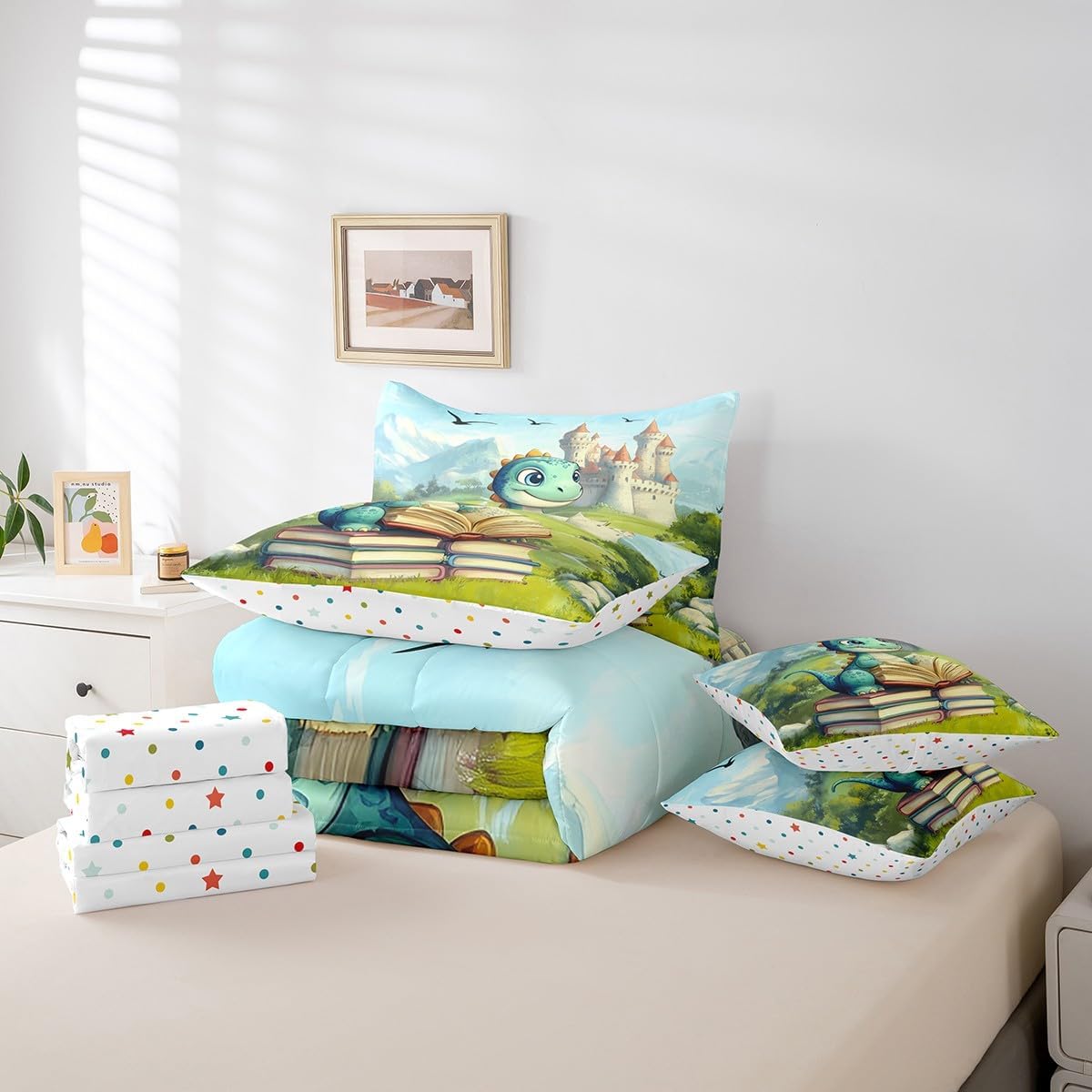 Kawaii Dinosaur Comforter Set Full Size,Castle Mountain Scenery Bedding Set for Kids Teens,Cartoon Wild Animal (Comforter+Fitted+Flat Sheet+2 Pillowcases+2 Throw Pillow Covers) 7 Pieces