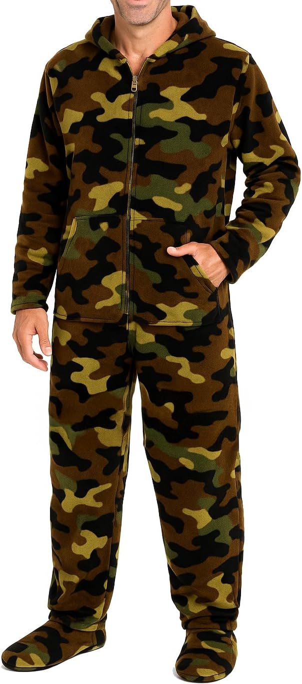 Alexander Del Rossa fleece onesie for men, hooded footed pajama set