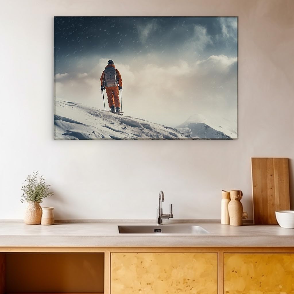 Canvas for Living room. Winter Wanderer: Amidst Snowy Slopes and Brooding Skies, 27 x 18 inch Canvas Wall Art - Surrealistic Visions - Modern Home Decor