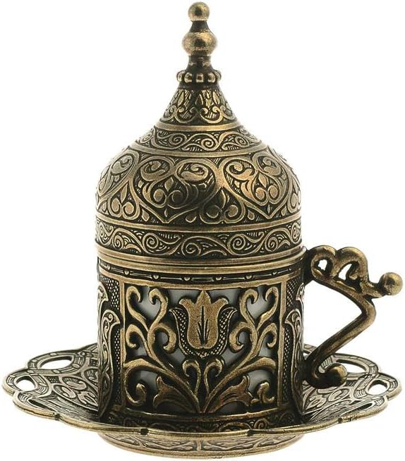 Alisveristime 6-Piece Set Turkish Espresso Coffee Cups with Saucer, Lid, Traditional Ottoman Tulip Motif (Multiple Color Variations) (Lale) (Autentic Green)