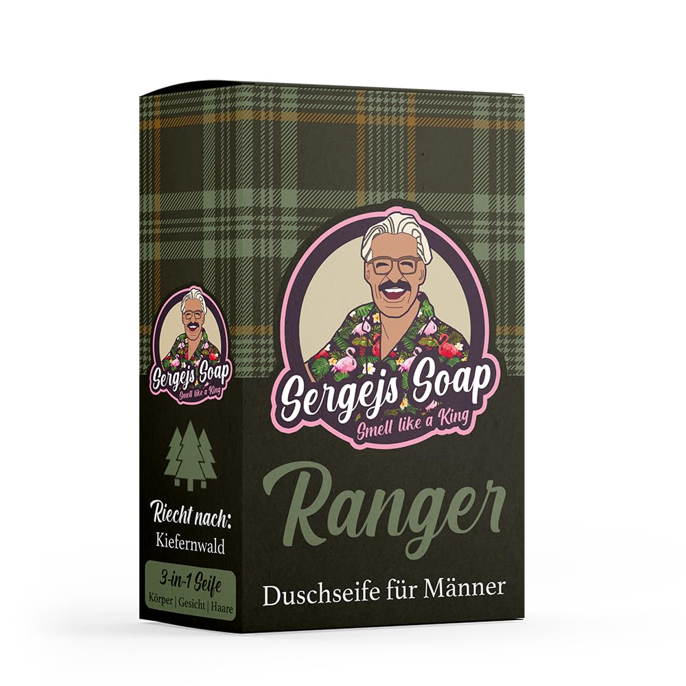 Sergejs Soap - Ranger | Festes Seifenstück 3 in 1 Seife mit 100% natürlichen Inhaltsstoffen und Aktivkohle | Duft: Kiefernwald | Naturkosmetik | Frei von Silikonen