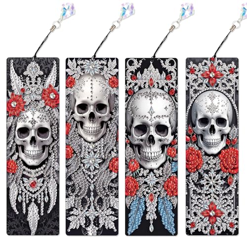 Image of 4 Pcs DIY 5D Diamond Painting Bookmark Kit - Special Shaped Crystal Rhinestones, Rose Skull Diamond Art Bookmarks with Crystal Pendant Tassels, Handmade Decorative Bookmarks Gift Set for Book Lovers