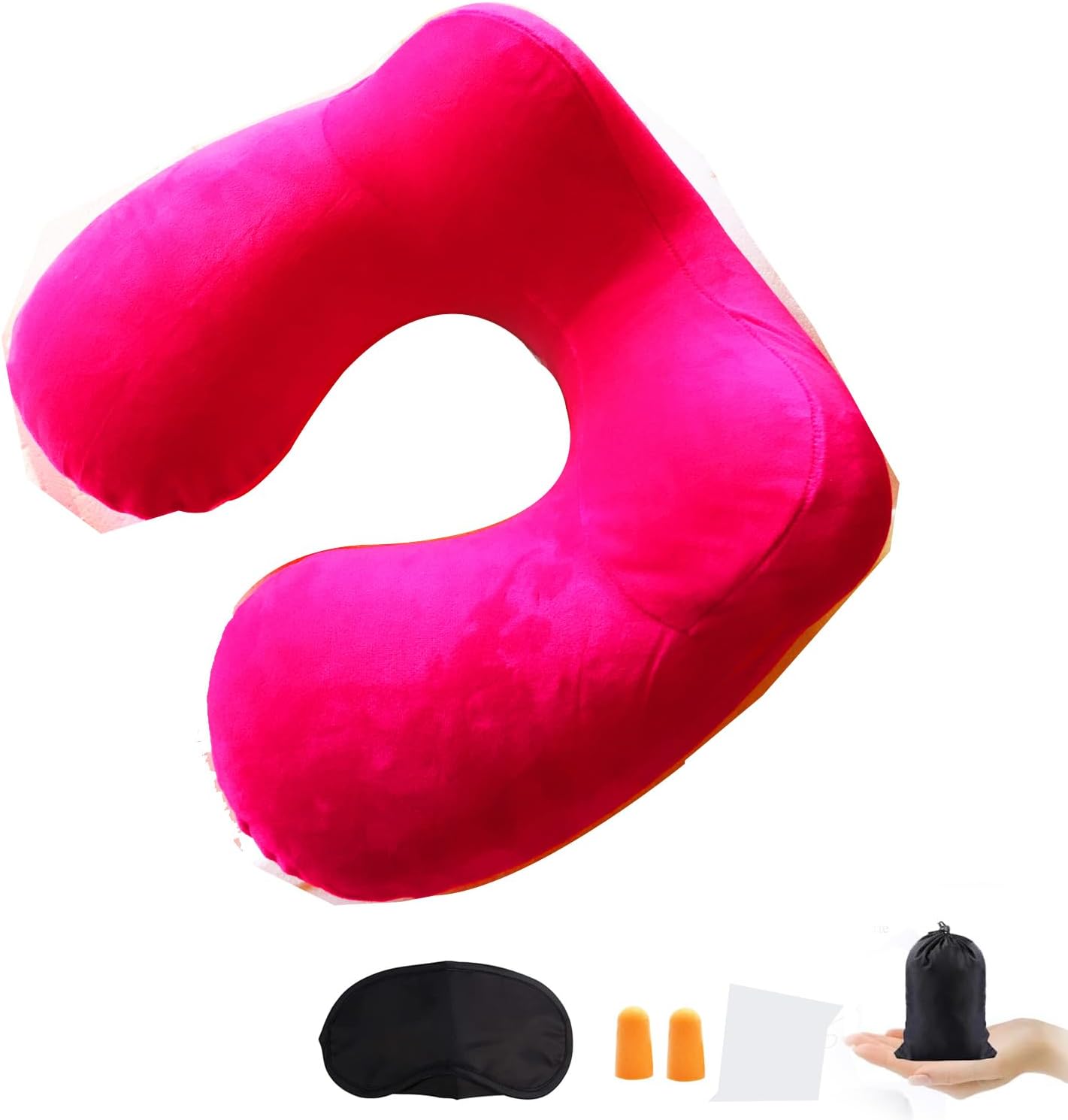 Inflatable Travel Pillow for Airplane Inflatable Neck Pillow for Traveling, Compact Ergonomic Neck Pillow Kits with Ear Plug and Eye Mask, Sleeping Rest Cushion for Airplane, Car, and Train (Rose)