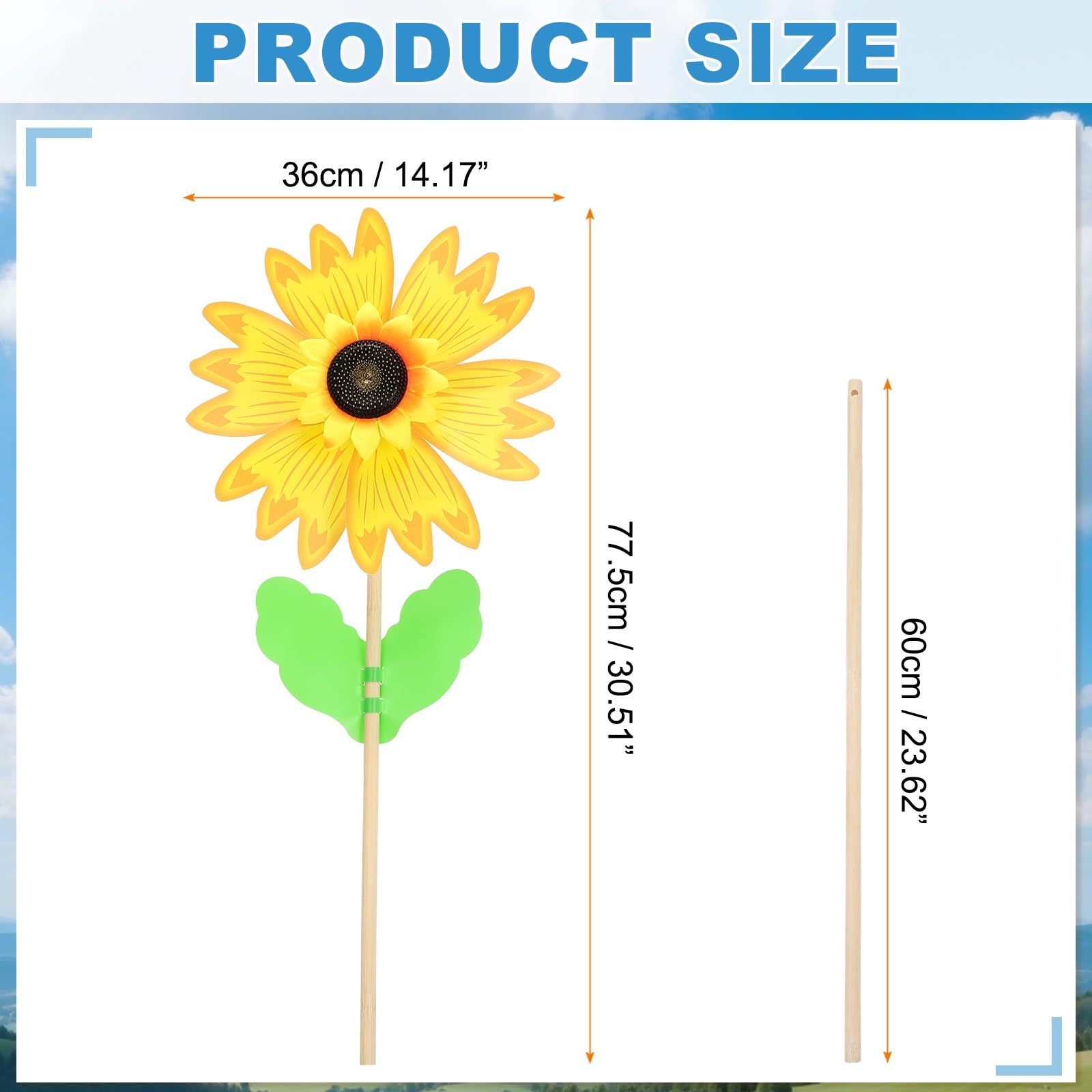 QUARKZMAN Molinillos De Viento 14.2" Giratorio De Viento Color Puro Girasol | Molinillos Deino6Hjas Molino DeinoD adera Con Palos De Madera De Girasol Para Jardín Patio Césped Favoritos D.