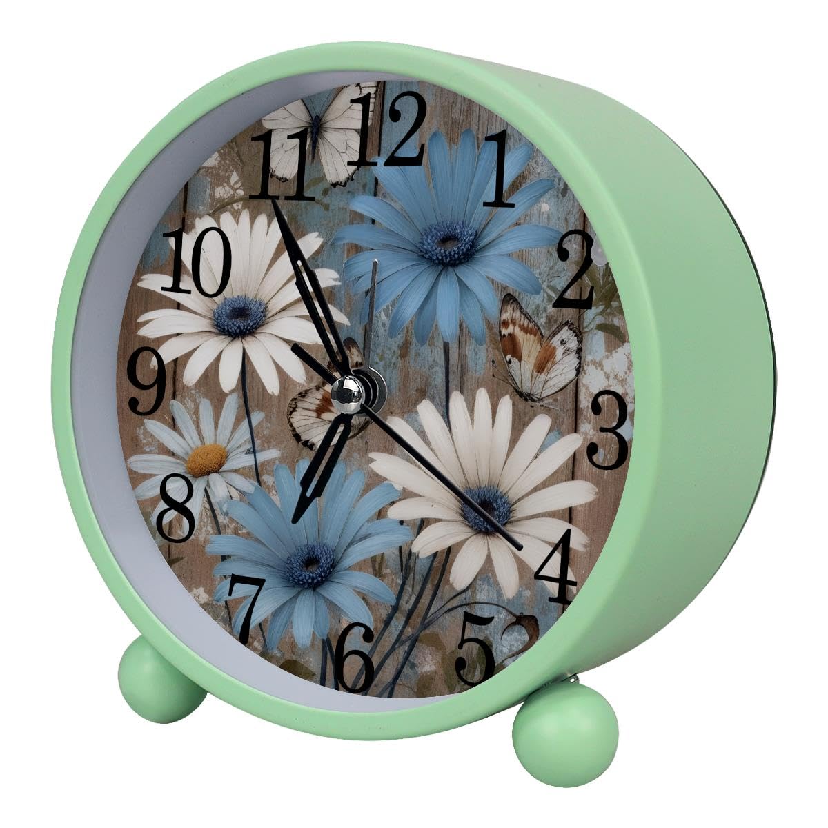 Luoweisi Alarm Clock Rustic Plank Daisy Butterfly, Silent Non-Ticking with Night Light, Round Metal Alarm Clock for Office, Battery Operated, Bedroom, Elderly, Adults, Children, Student Gifts