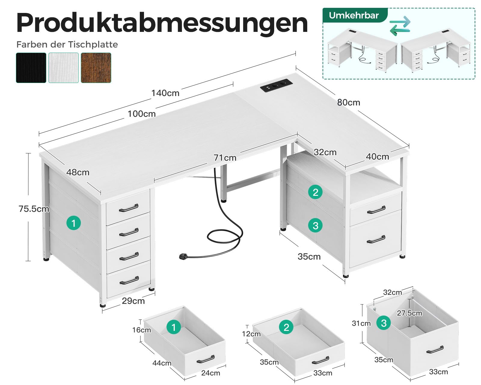 Coleshome Schreibtisch mit Stoff Schubladen, 140x80cm Umkehrbarer Schreibtisch L Form mit Aktenschublade, Eckschreibtisch mit USB-Ladeanschluss und Steckdose, Home Office Schreibtische, Weiß
