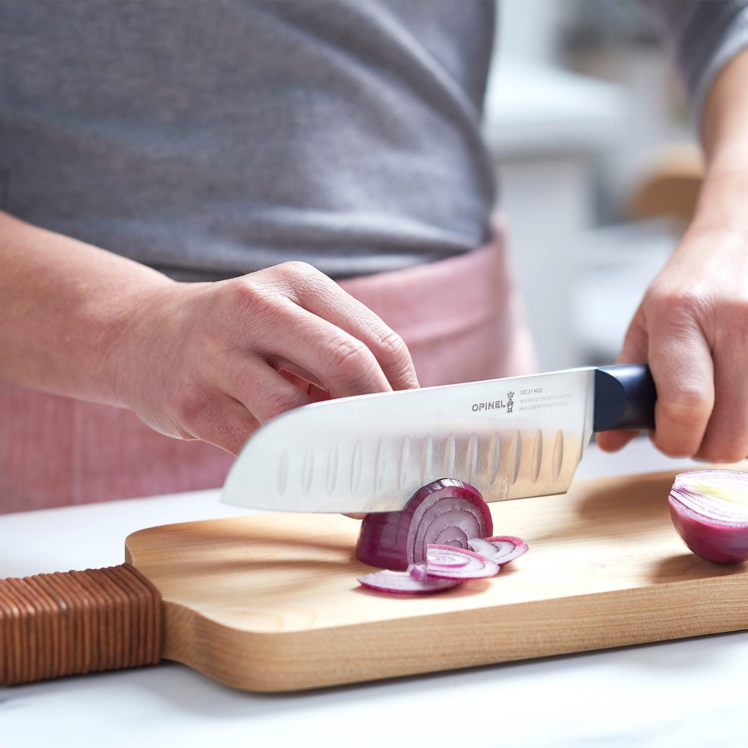 Opinel Intempora Santoku Knife – Full Tang Kitchen Knife for Slicing Vegetables, Meat, Blade Divots to Prevent Sticking, Sandvik Steel, Made in Portugal