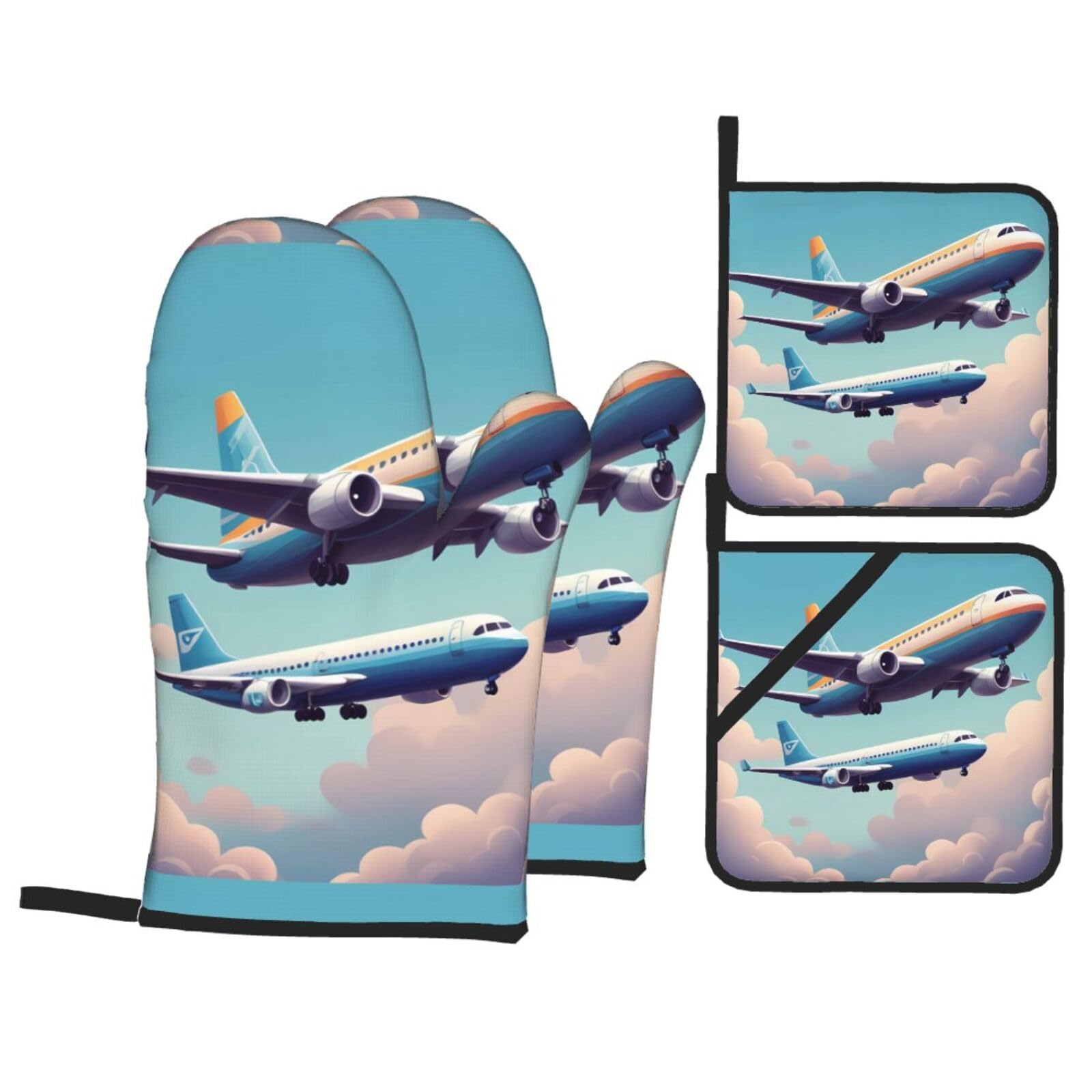 HJFCZH Cartoon Airplane Picture Kitchen Baking Set of 4 Thick Insulated Oven Mitt & Pot Holders, Anti-Scalding for Microwave, Oven, Outdoor BBQ