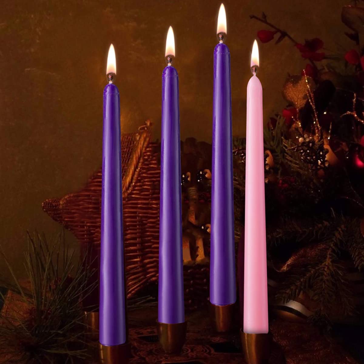 NIKY Christmas Advent Candles Set, 3 Purple and 1 Pink Taper Candles, 10 in Unscented Candlestick for Seasonal Celebrations, 3 Purple 1 Pink