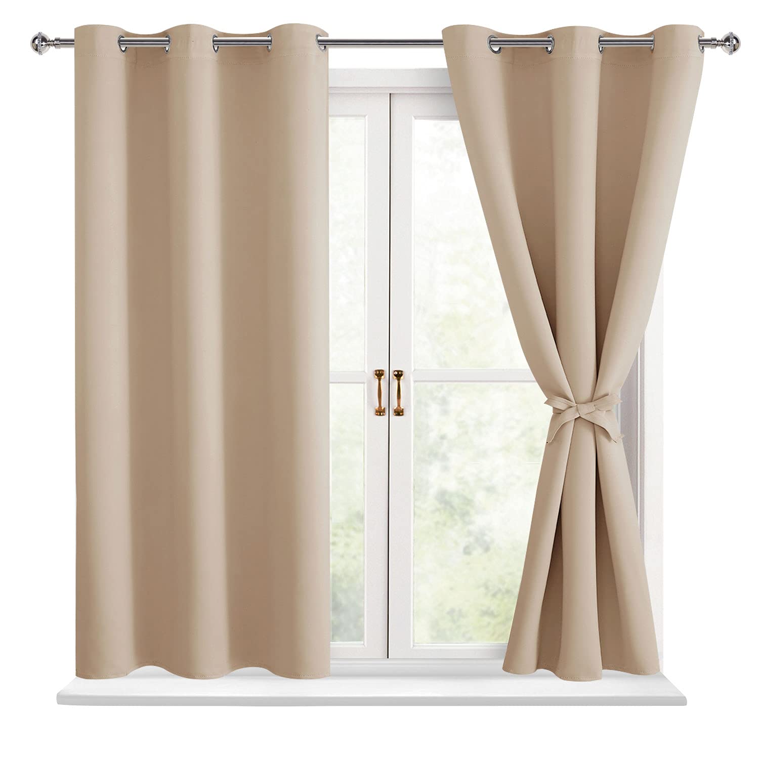 Hiasan Blackout Curtains for Bedroom - Thermal Insulated & Energy Saving Window Curtains for Living Room, 2 Drape Panels Sewn with Tiebacks, Beige, 42