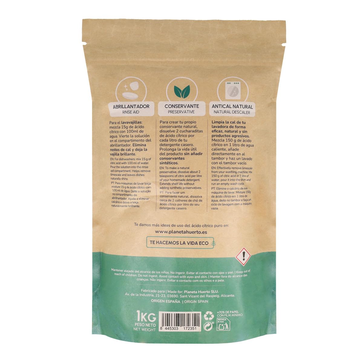 PLANETA HUERTO | Pack 6x Ácido Cítrico Ecológico – Ácido cítrico en polvo multiusos para limpieza ecológica, abrillantador, antical y detergentes caseros