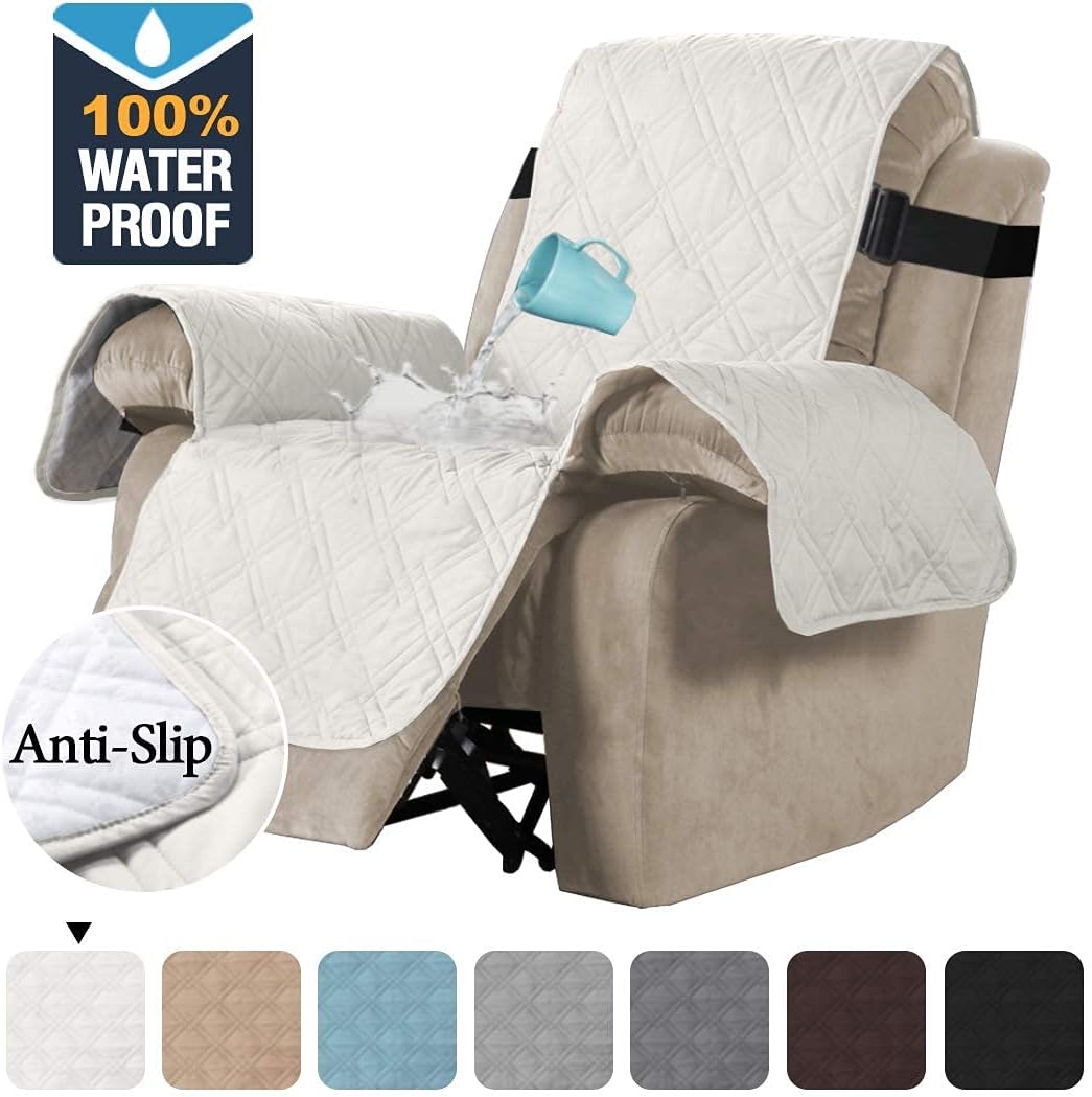 H.VERSAILTEX Cotton Sofa Covers (71" x 118", White) Bundles 100% Waterproof Quilted Recliner Cover (Standard, Beige)…