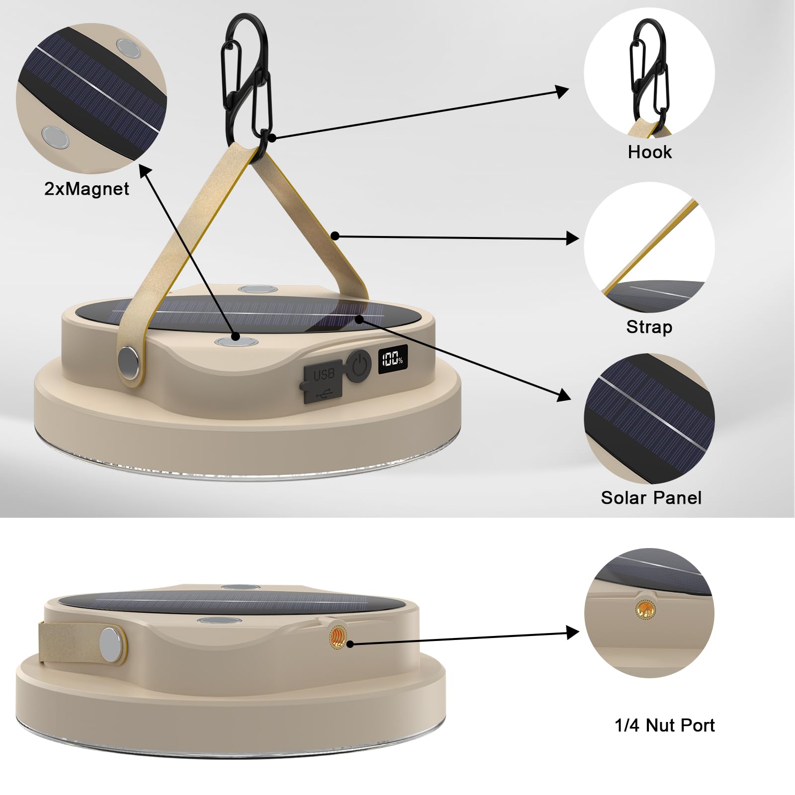 Lampe solaire de camping avec batterie de 7800 mAh et affichage numérique – Lampe de tente de 3000 lumens, 4 modes d'éclairage (blanc/chaud/naturel/SOS), port écrou d'extension 1/4, 17 heures